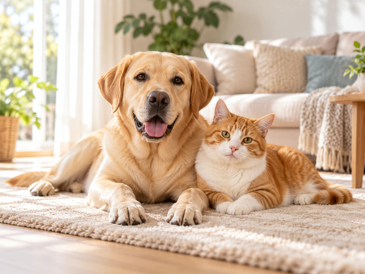 Blonde labrador en rood-witte kat ontspannen samen in een lichte woonkamer.